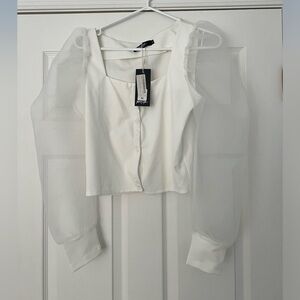 Nasty Gal White Satin Top with Mesh Sleeves | Size M | Never Worn